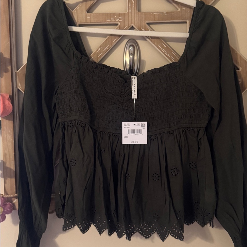 American Eagle Scalloped Sweetheart Olive Green Top